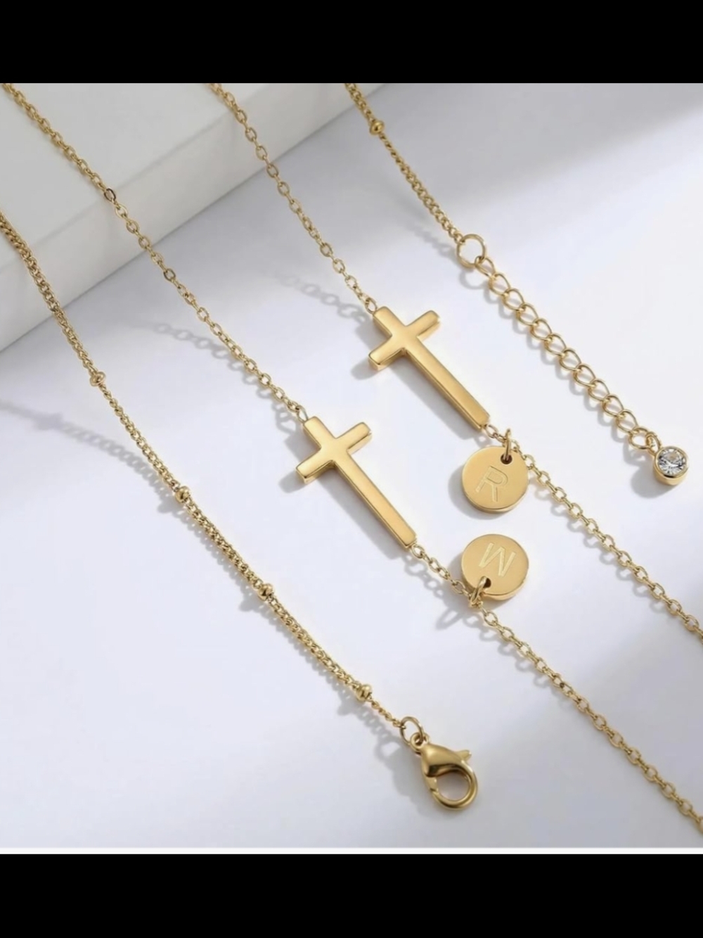 Gold Cross Layered Necklace Set with Initial Disc